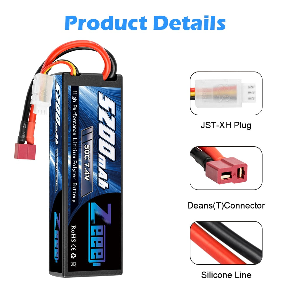 1/2units Zeee 5200mAh 7.4V 50C Lipo Batteries for RC Car 2S RC Lipo Battery with T Plug For RC Drone Car Truck Helicopter Boat