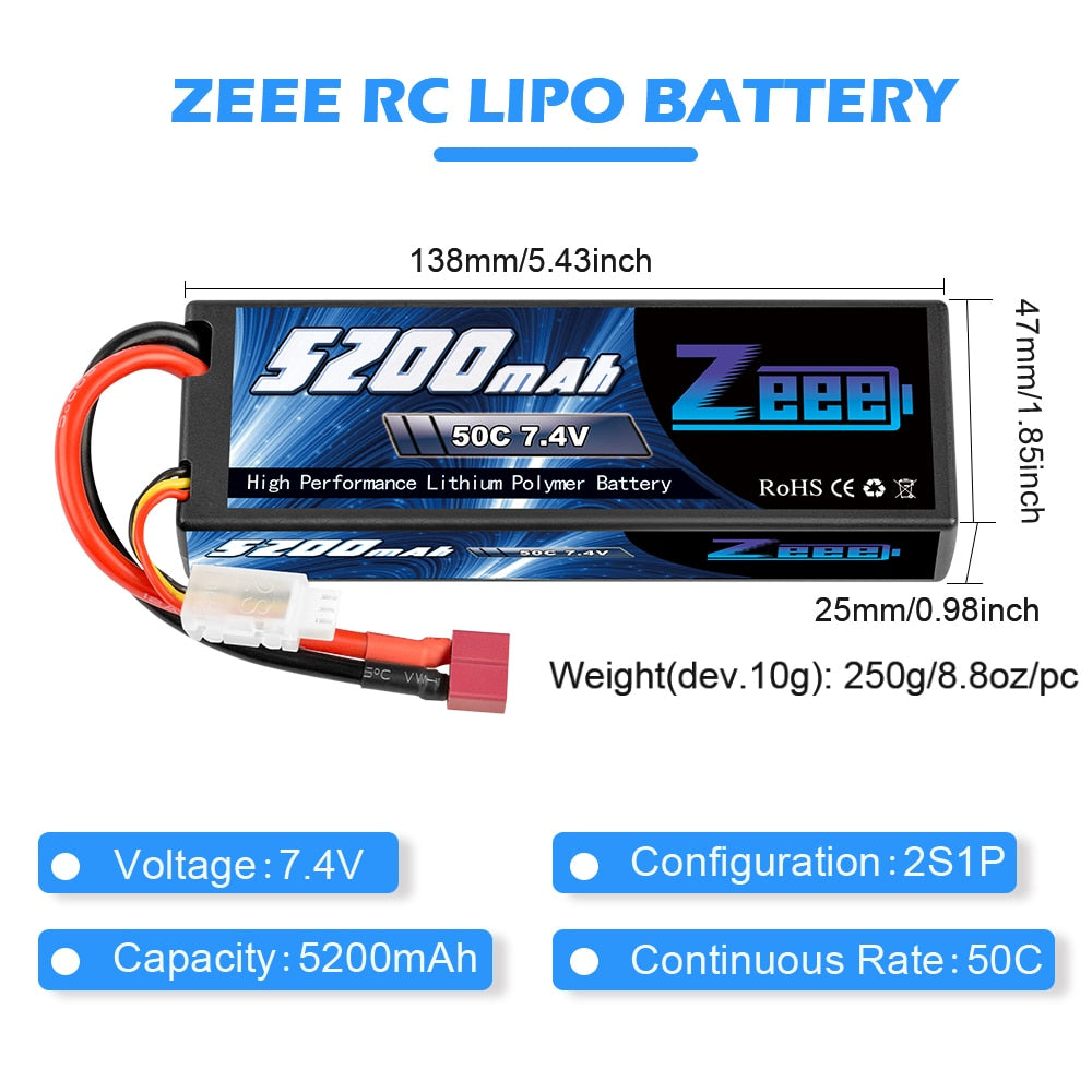 1/2units Zeee 5200mAh 7.4V 50C Lipo Batteries for RC Car 2S RC Lipo Battery with T Plug For RC Drone Car Truck Helicopter Boat